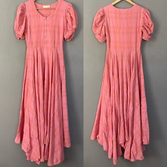 LOVESHACKFANCY Puff Sleeve Maxi Dress feminine  Preppy Pink Plaid Layered XS 0 - Picture 2 of 10